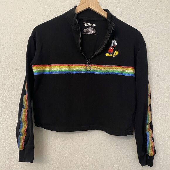 Disney Black Mickey Mouse Rainbow SleevePride 1/4 Zip Cropped Jacket Size Small - Picture 1 of 6